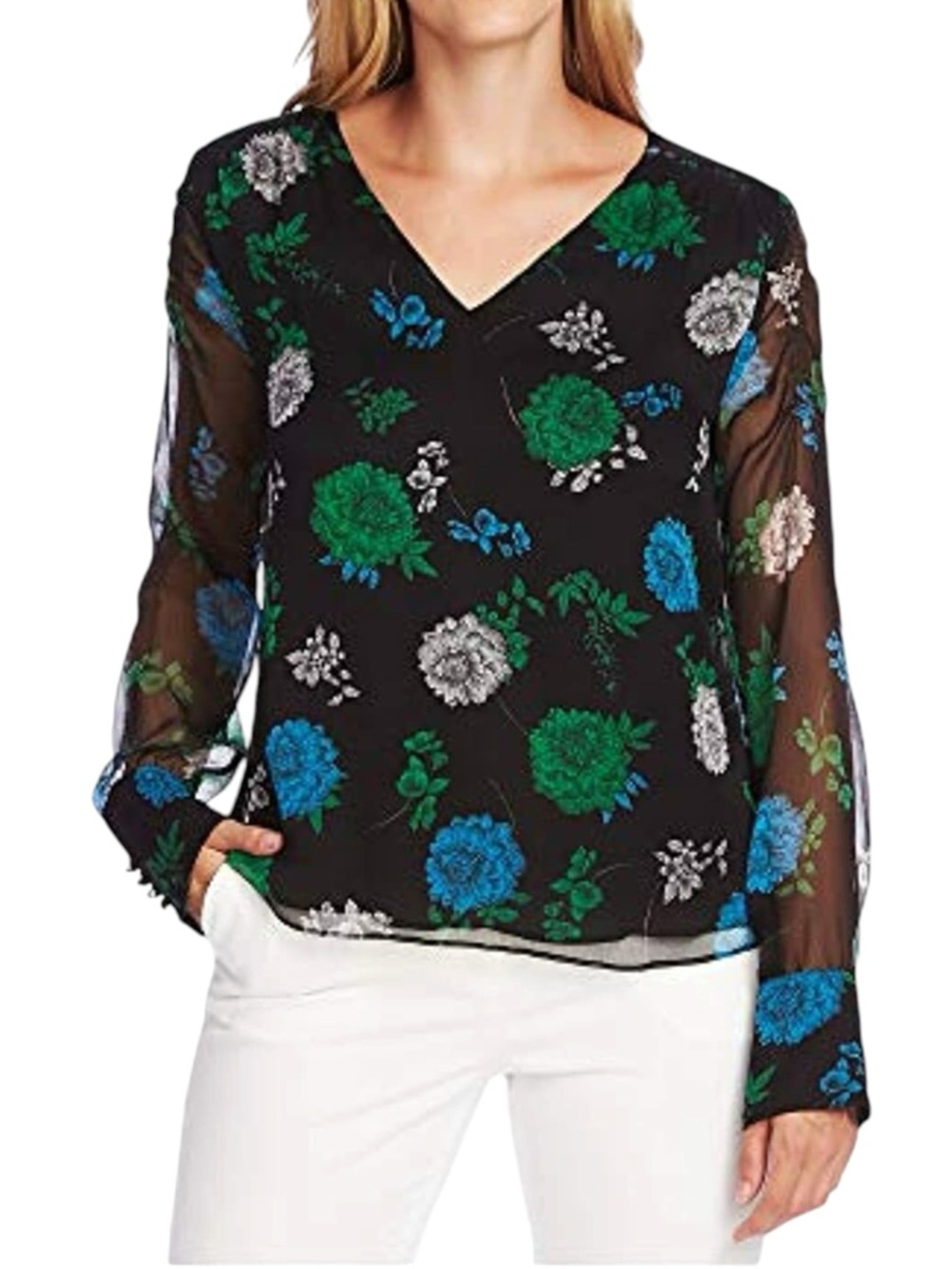 Vince Camuto Black Floral Lagoon Long Sleeve V-Neck Blouse (S)